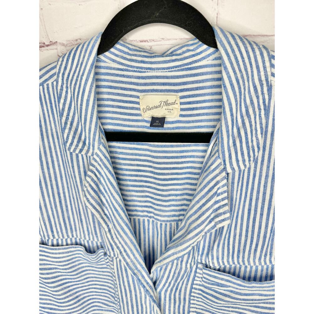 Linen Blend Old Navy Blue White Striped Short Sleeve Shirt Womens XL Coastal - Picture 3 of 5